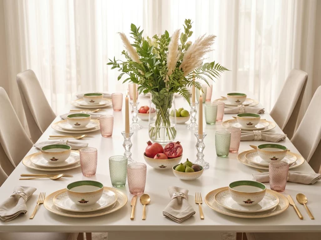 Kasheer-e-noor dinnerware on a long dining table with fruit and candles