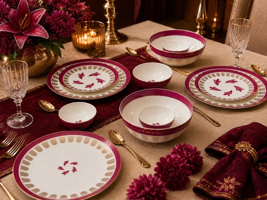 Padharo Sa dinnerware set on a ruby and gold table setting