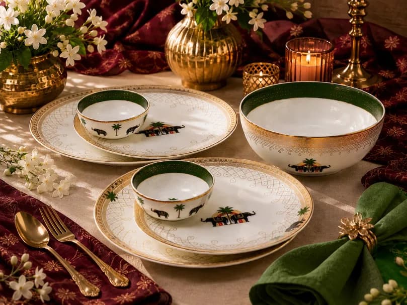 Suvarnalekha dinnerware with emerald rims and gold elephant motifs
