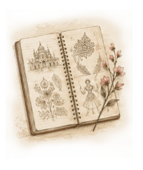 Open sketchbook of Indian architectural memories